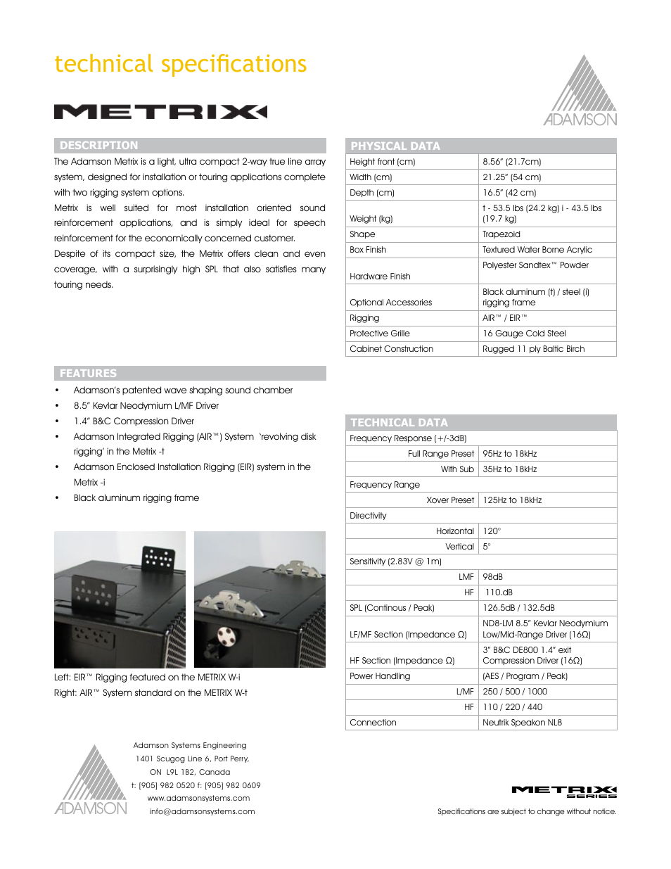Technical specifications | Adamson Metrix User Manual | Page 12 / 22