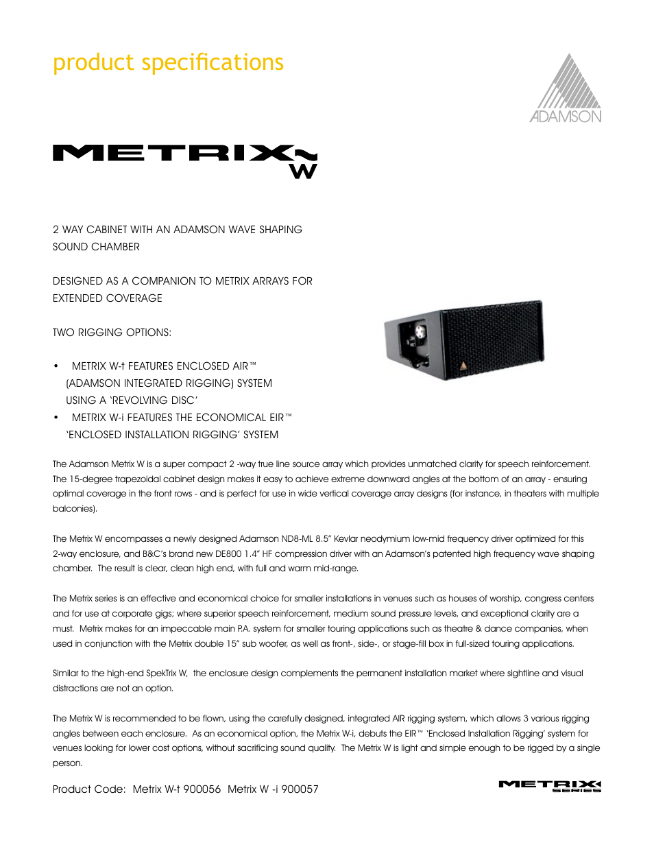 Product specifications | Adamson Metrix User Manual | Page 13 / 22