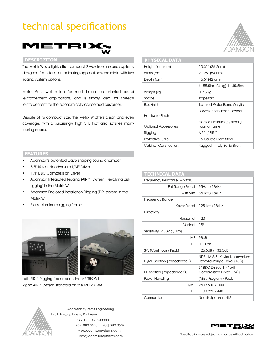 Technical specifications | Adamson Metrix User Manual | Page 14 / 22