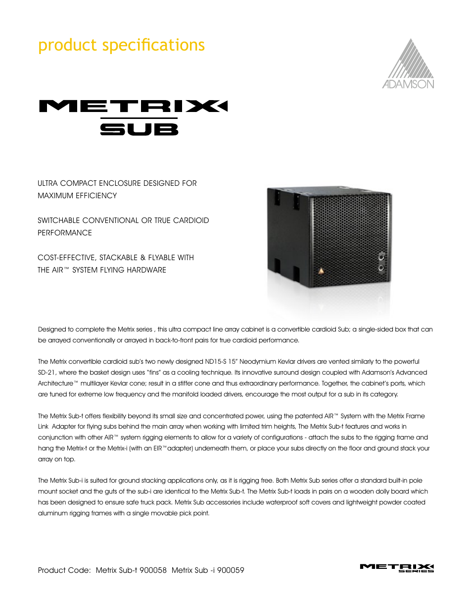 Product specifications | Adamson Metrix User Manual | Page 15 / 22