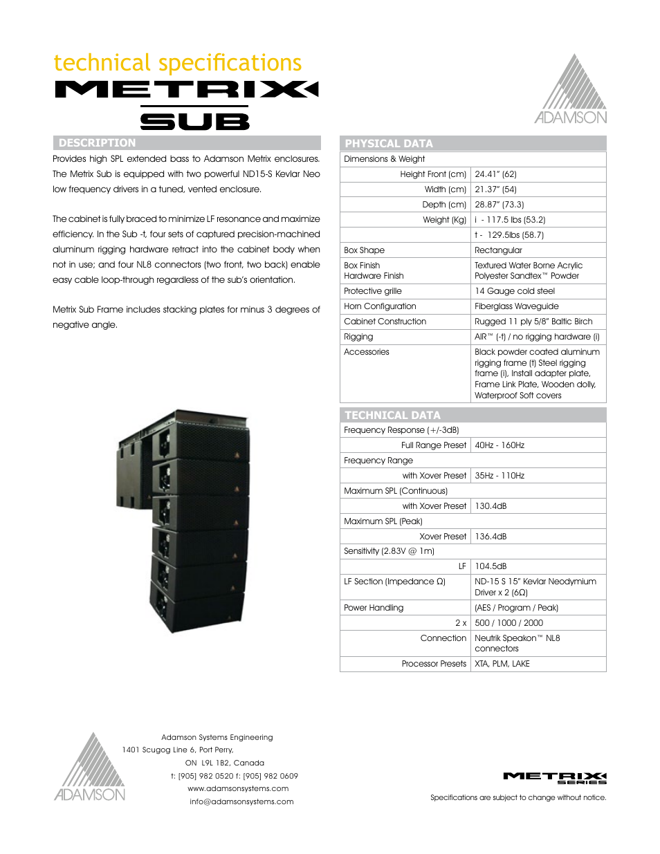 Technical specifications | Adamson Metrix User Manual | Page 16 / 22