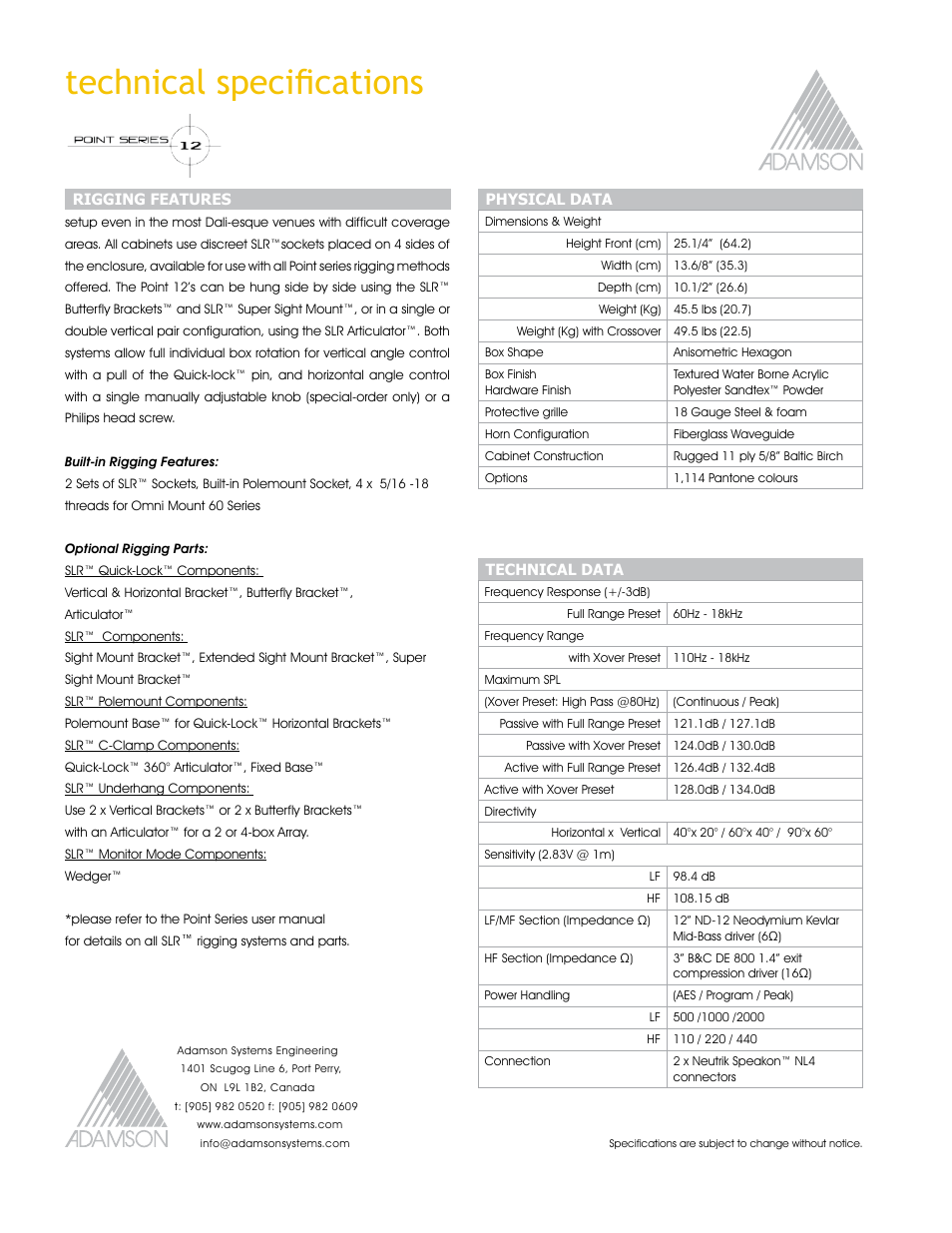 Technical specifications | Adamson Point Series User Manual | Page 10 / 40