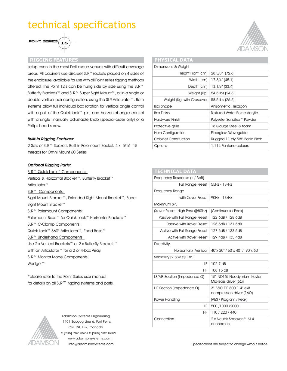 Technical specifications | Adamson Point Series User Manual | Page 11 / 40