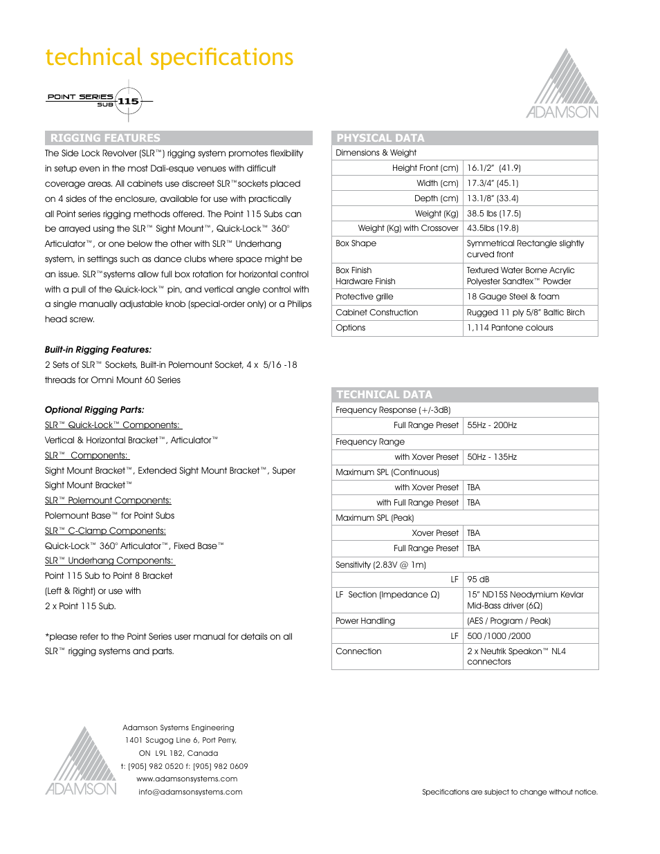 Technical specifications | Adamson Point Series User Manual | Page 12 / 40