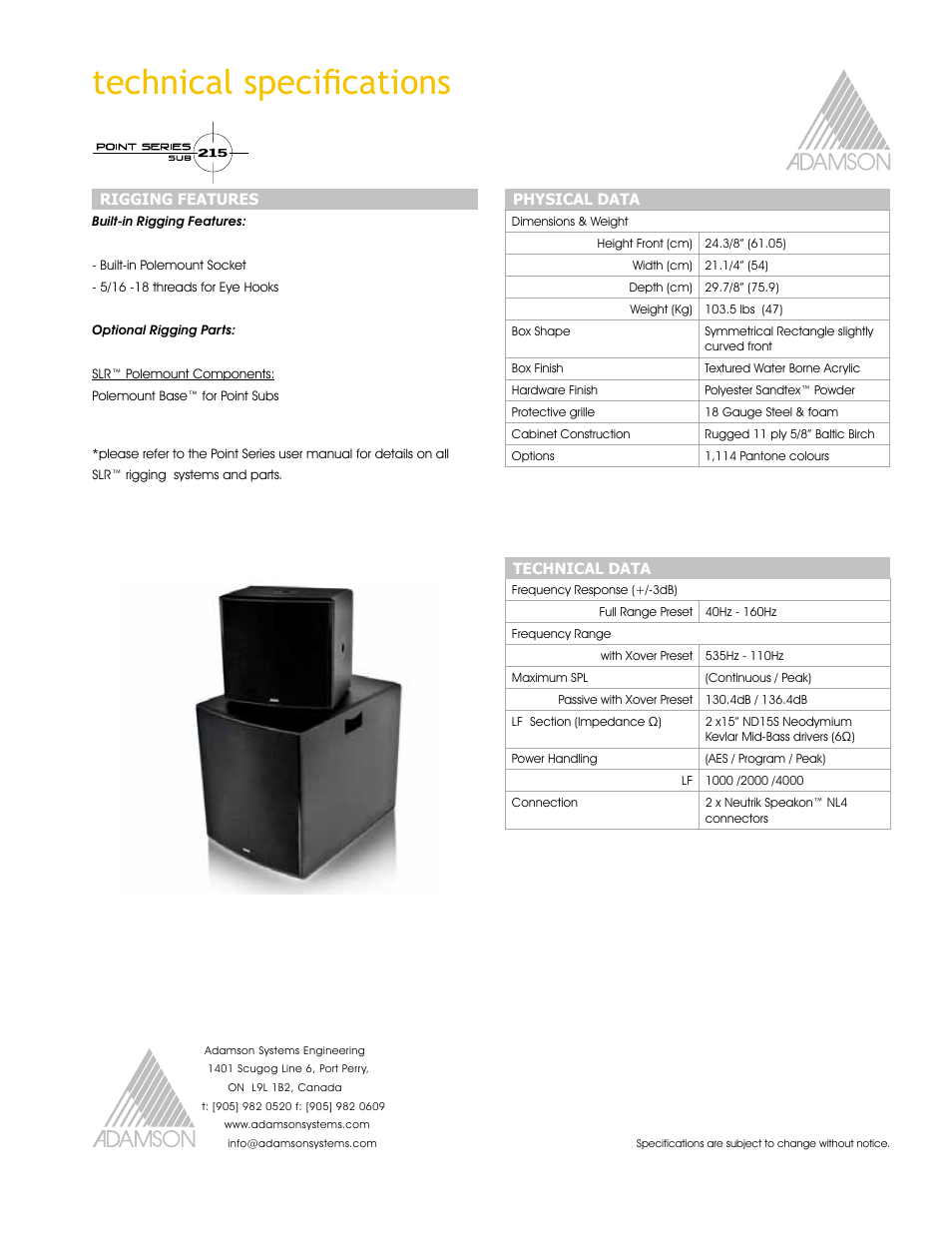 Technical specifications | Adamson Point Series User Manual | Page 13 / 40