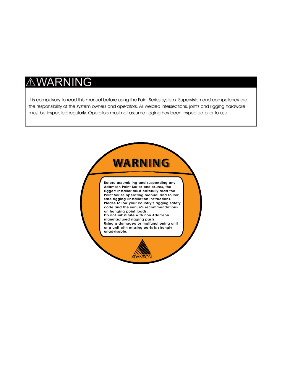 Warning | Adamson Point Series User Manual | Page 2 / 40