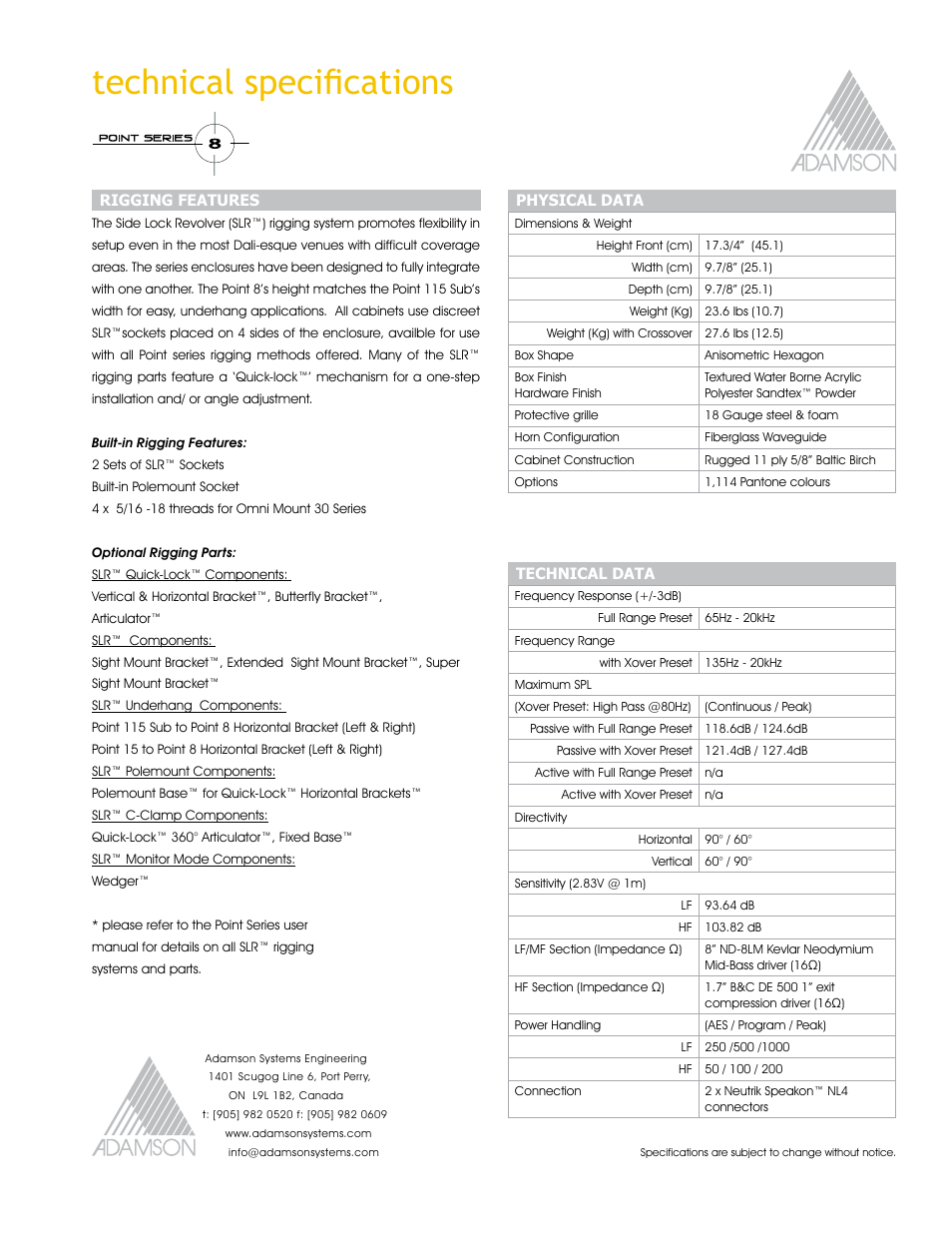 Technical specifications | Adamson Point Series User Manual | Page 9 / 40