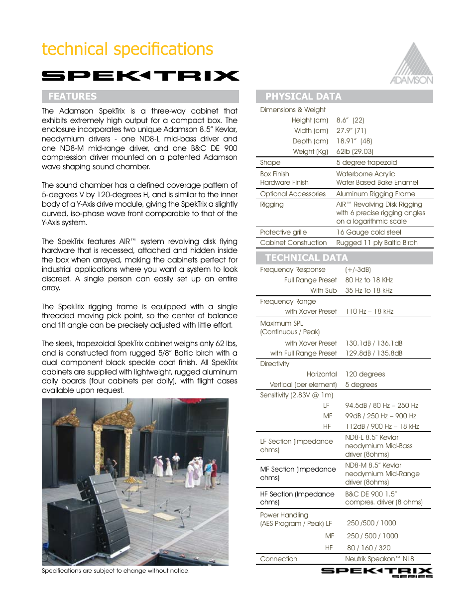 Technical specifications, Physical data features technical data | Adamson SpekTrix User Manual | Page 16 / 72