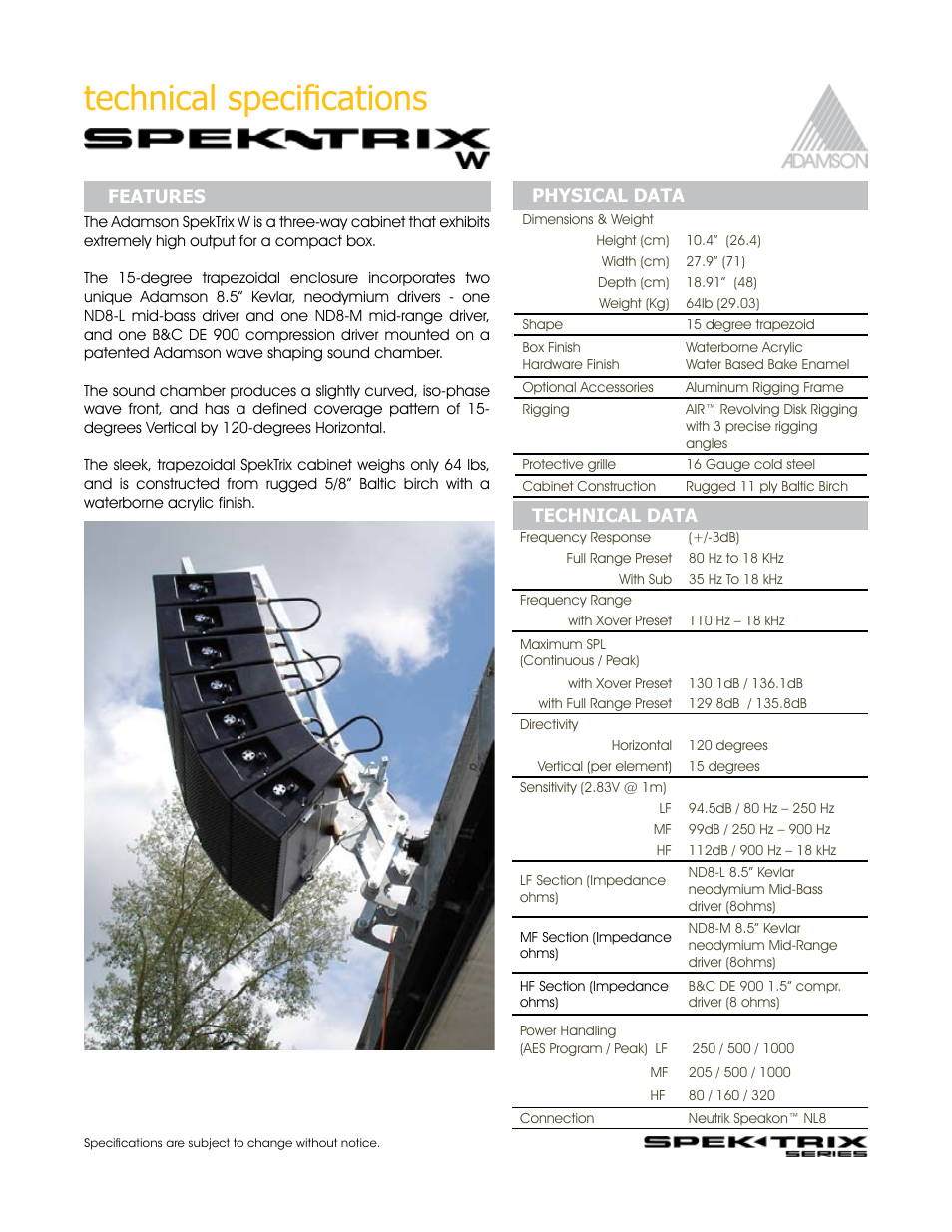 Technical specifications, Physical data features technical data | Adamson SpekTrix User Manual | Page 21 / 72