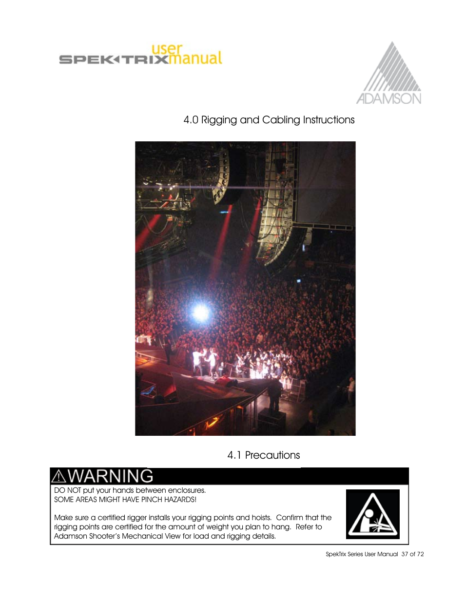 0 rigging and cabling instructions, 1 precautions | Adamson SpekTrix User Manual | Page 37 / 72