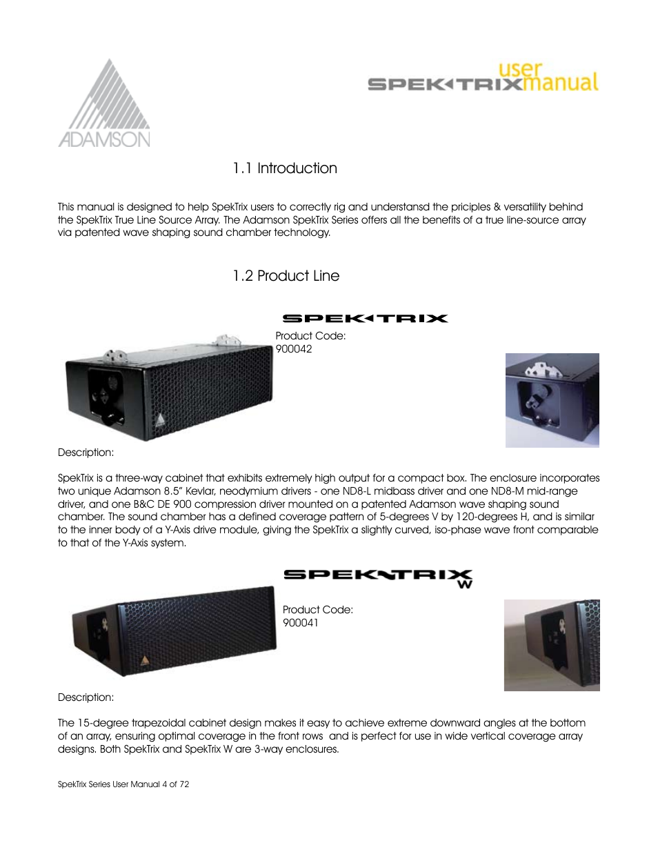 1 introduction, 2 product line | Adamson SpekTrix User Manual | Page 4 / 72