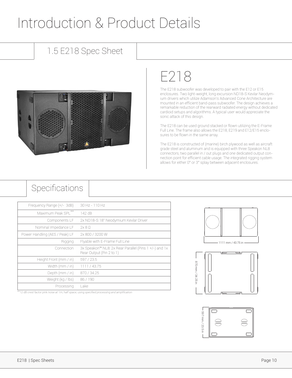 E218, Introduction & product details, 5 e218 spec sheet | Specifications | Adamson E-Series User Manual | Page 10 / 40