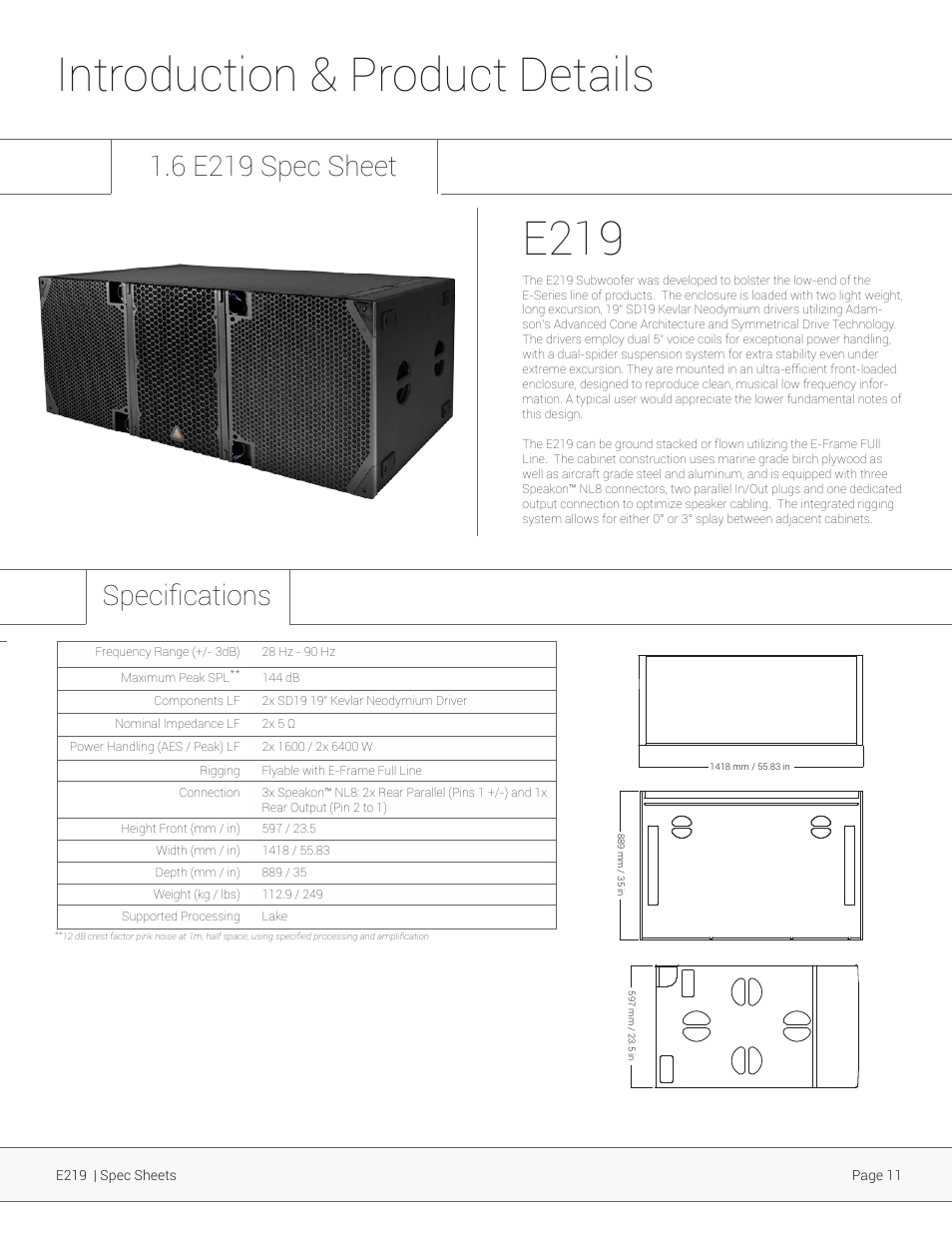 Introduction & product details e219, 6 e219 spec sheet, Specifications | Adamson E-Series User Manual | Page 11 / 40