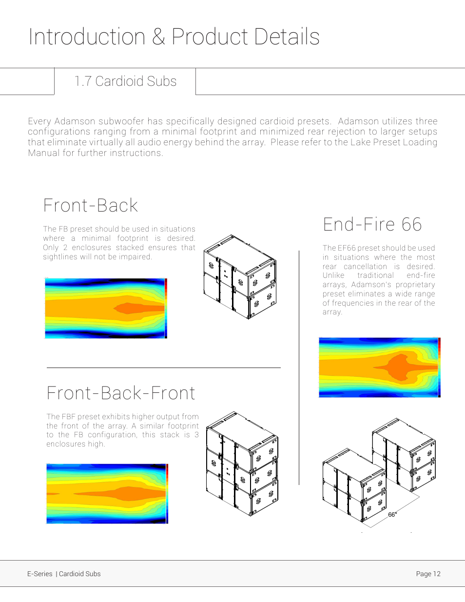 Introduction & product details, Front-back-front, Front-back | End-fire 66, 7 cardioid subs | Adamson E-Series User Manual | Page 12 / 40