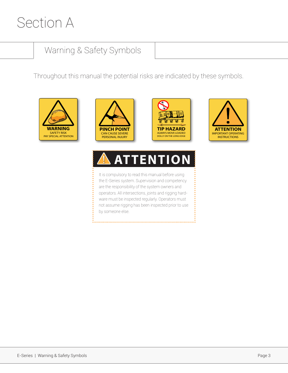 Attention, Warning & safety symbols | Adamson E-Series User Manual | Page 3 / 40