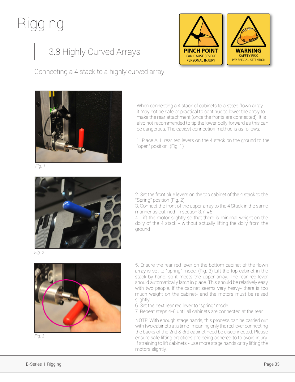 Rigging, 8 highly curved arrays, Connecting a 4 stack to a highly curved array | Adamson E-Series User Manual | Page 33 / 40