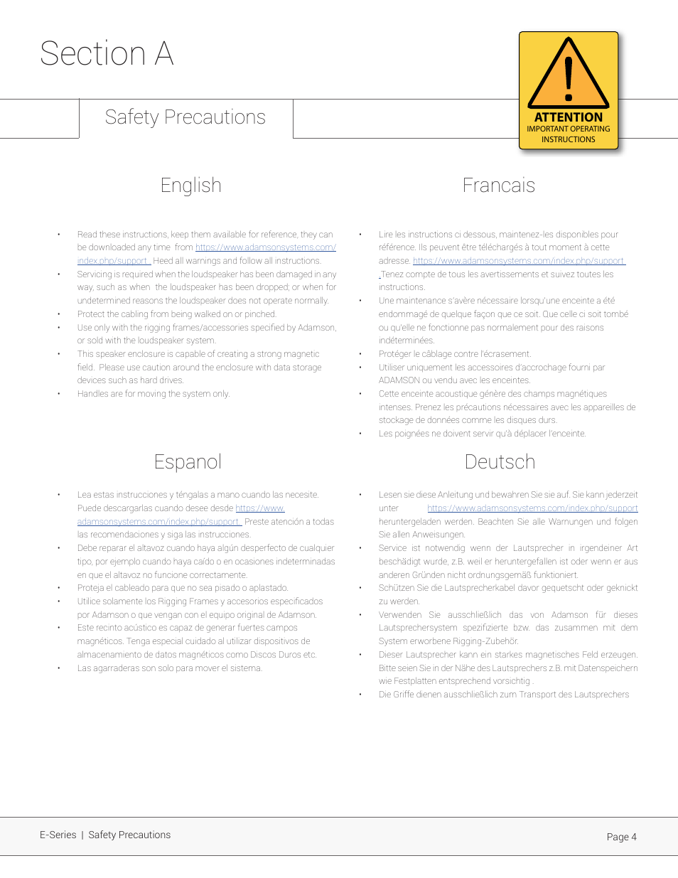 Attention | Adamson E-Series User Manual | Page 4 / 40