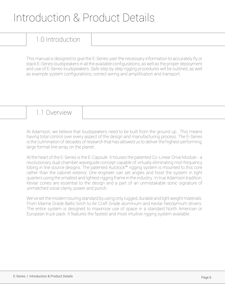 Introduction & product details, 0 introduction 1.1 overview | Adamson E-Series User Manual | Page 6 / 40