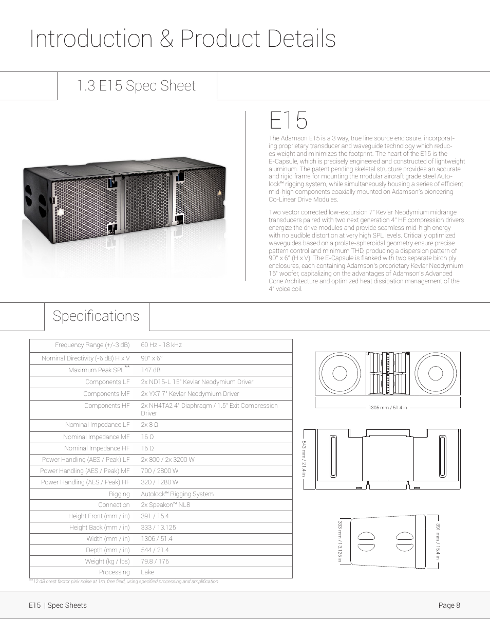 Introduction & product details, 3 e15 spec sheet, Specifications | Adamson E-Series User Manual | Page 8 / 40