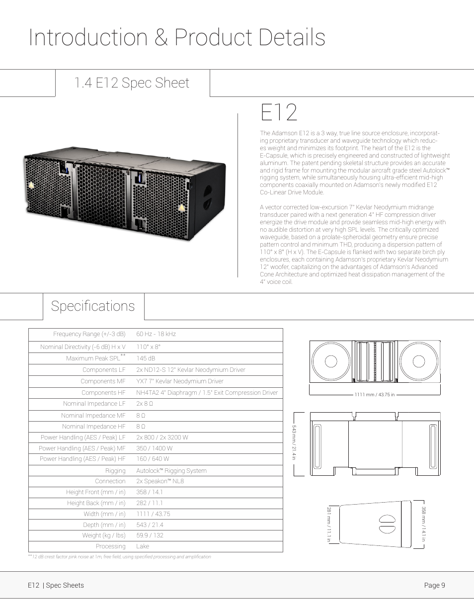 Introduction & product details, Specifications, 4 e12 spec sheet | Adamson E-Series User Manual | Page 9 / 40