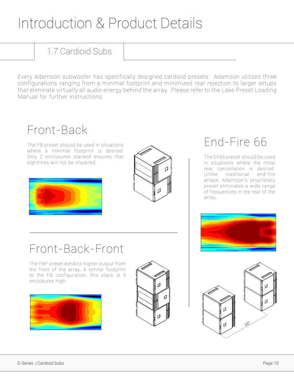 Introduction & product details, Front-back-front, Front-back | End-fire 66, 7 cardioid subs, Page 10, S-series | cardioid subs | Adamson S-Series User Manual | Page 10 / 32