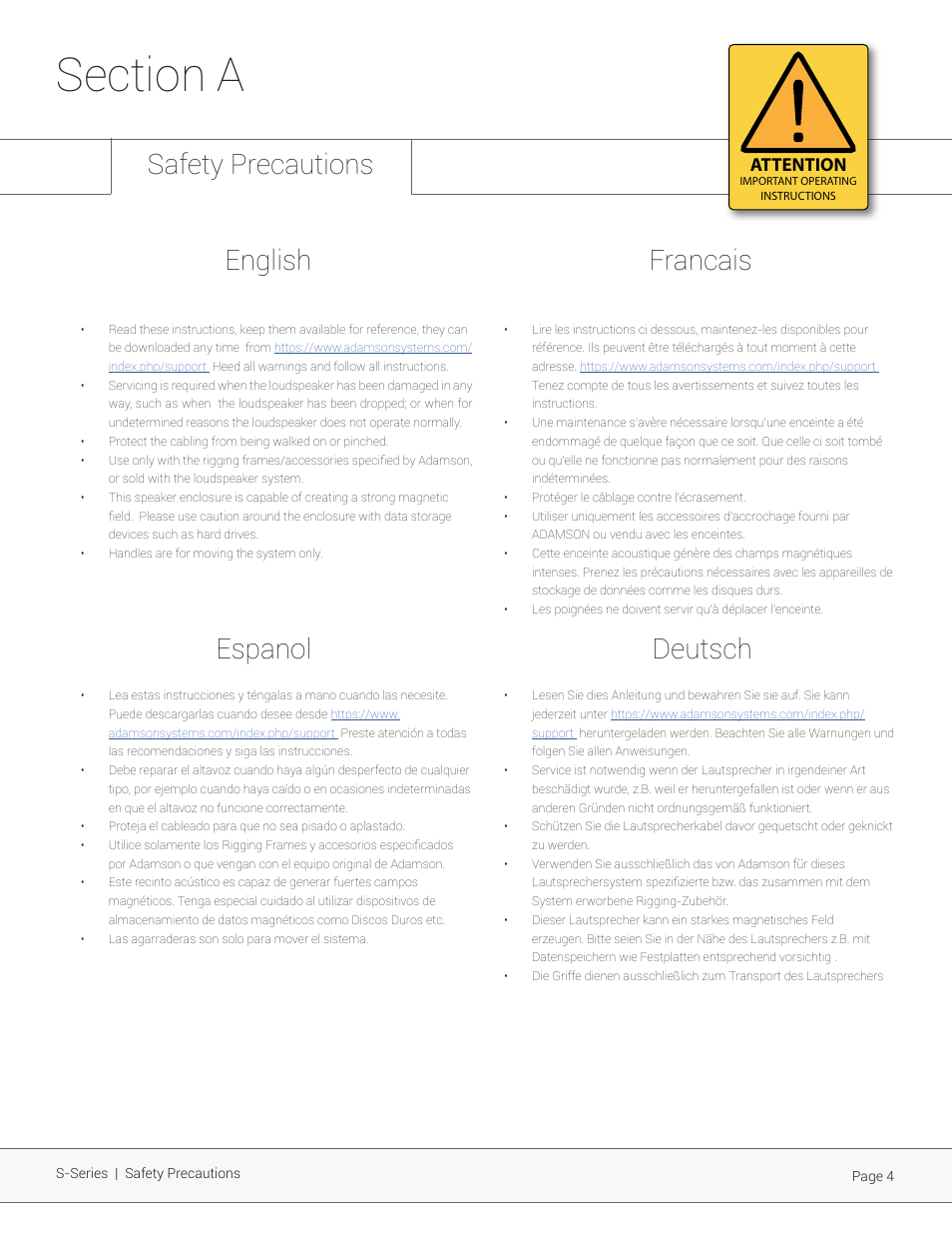 Attention | Adamson S-Series User Manual | Page 4 / 32