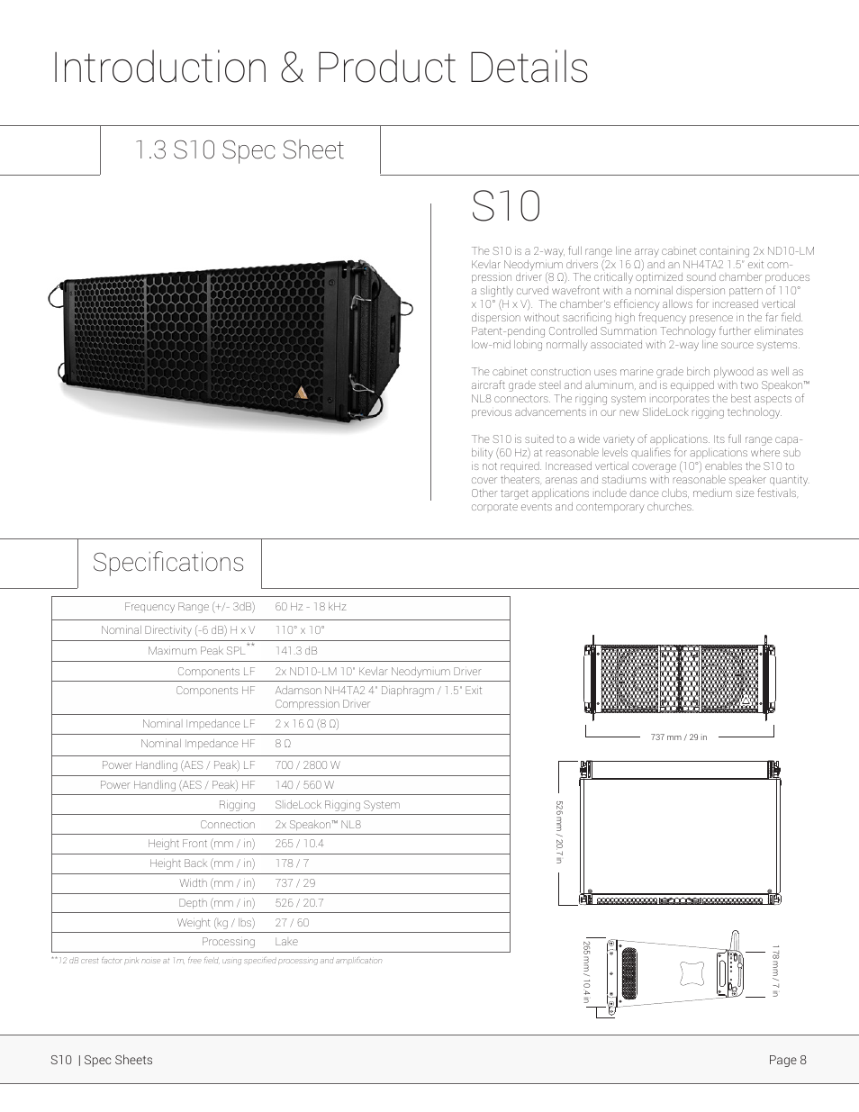 Introduction & product details s10, 3 s10 spec sheet, Specifications | Adamson S-Series User Manual | Page 8 / 32