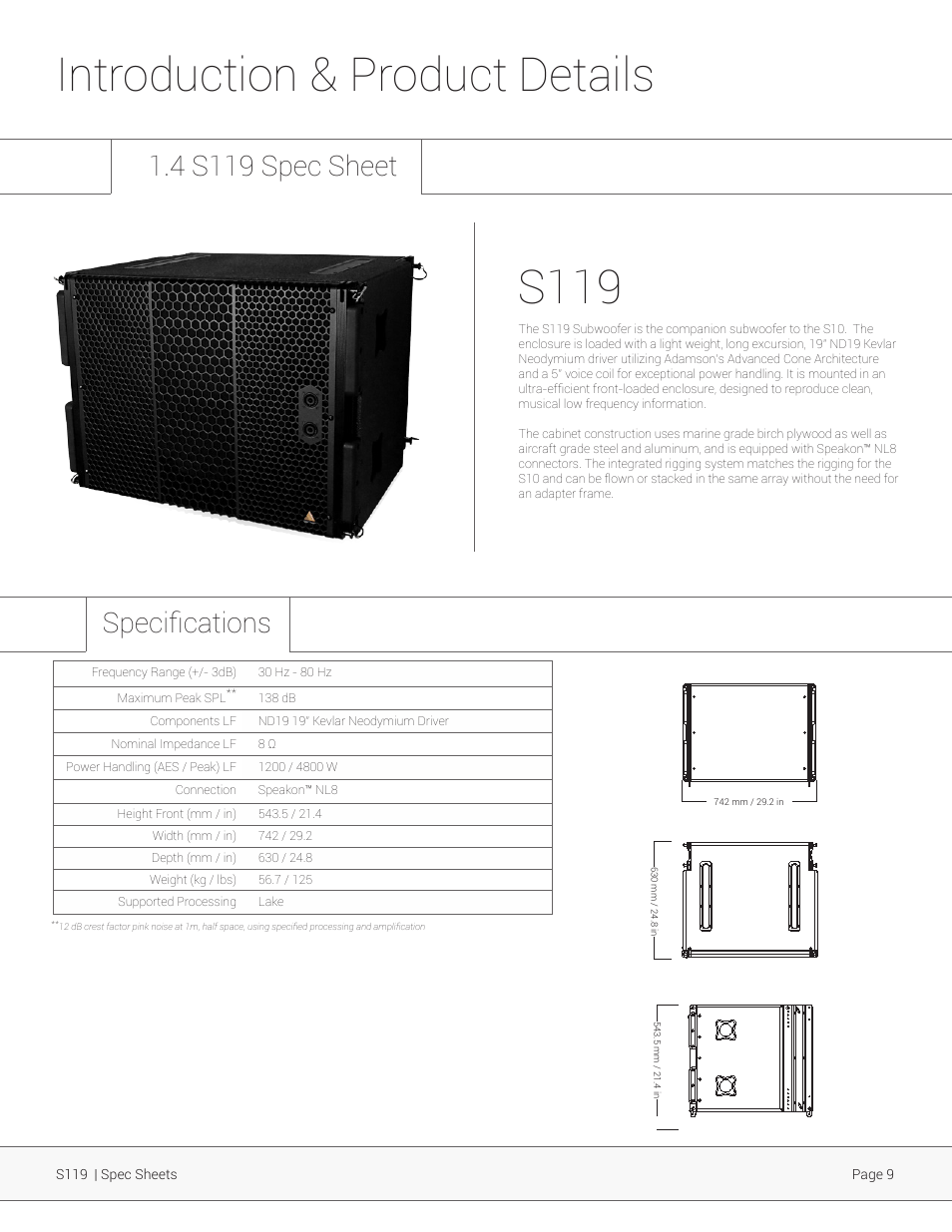 Introduction & product details, S119, 4 s119 spec sheet specifications | Adamson S-Series User Manual | Page 9 / 32