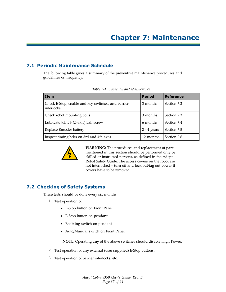 Chapter 7: maintenance, 1 periodic maintenance schedule, 2 checking of safety systems | Adept s350 Cobra User Manual | Page 67 / 94