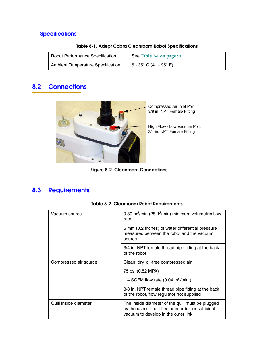Specifications, 2 connections, 3 requirements | Figure 8-2, Cleanroom connections | Adept i600 Cobra User Manual | Page 102 / 110