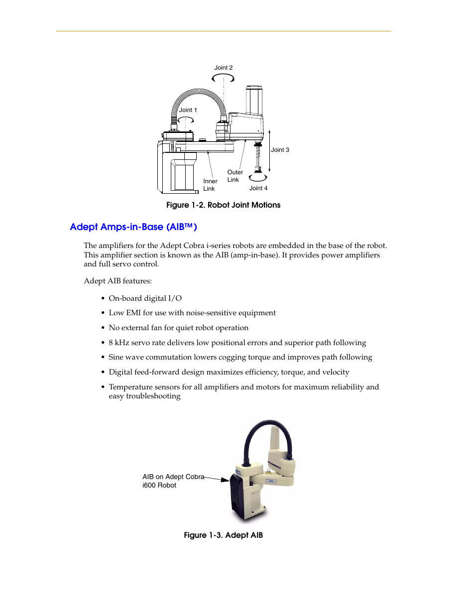Adept amps-in-base (aib™), Figure 1-2, Robot joint motions | Figure 1-3, Adept aib | Adept i600 Cobra User Manual | Page 12 / 110