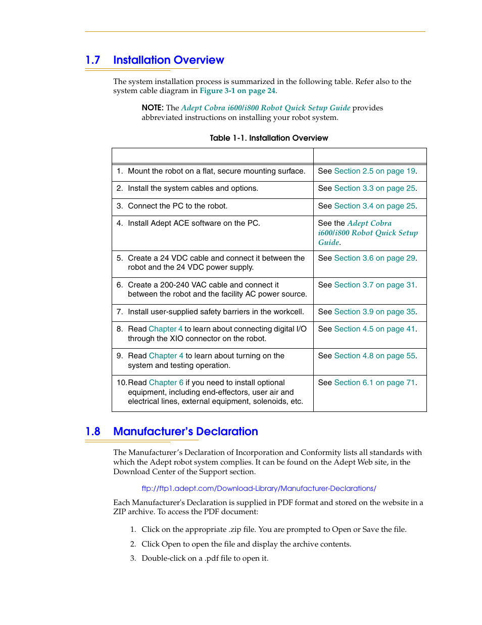 7 installation overview, 8 manufacturer’s declaration, See “manufacturer’s | Adept i600 Cobra User Manual | Page 15 / 110