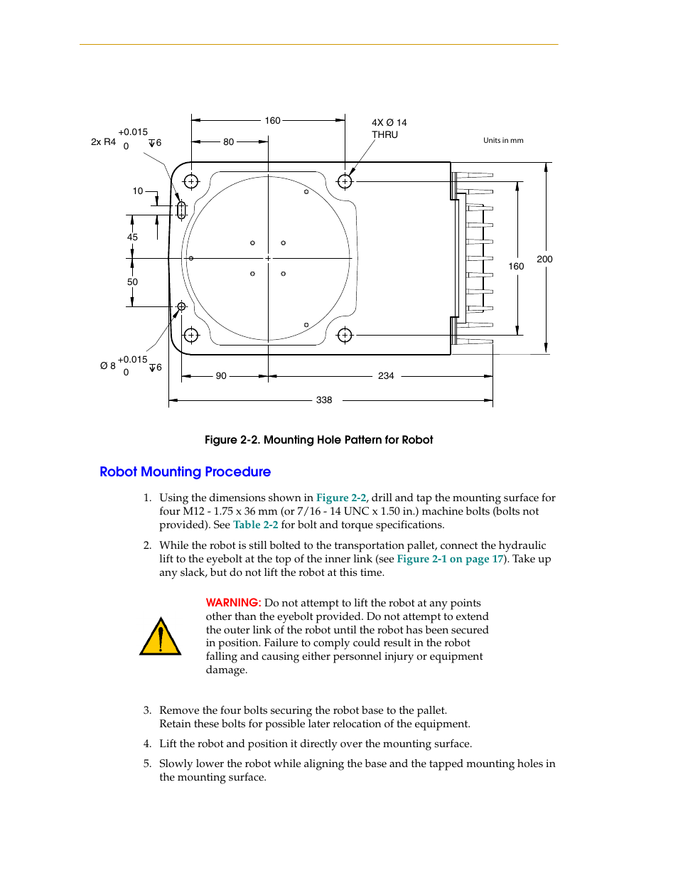 Robot mounting procedure, Figure 2-2, Mounting hole pattern for robot | Performance, Shows the mounting hole patt | Adept i600 Cobra User Manual | Page 20 / 110