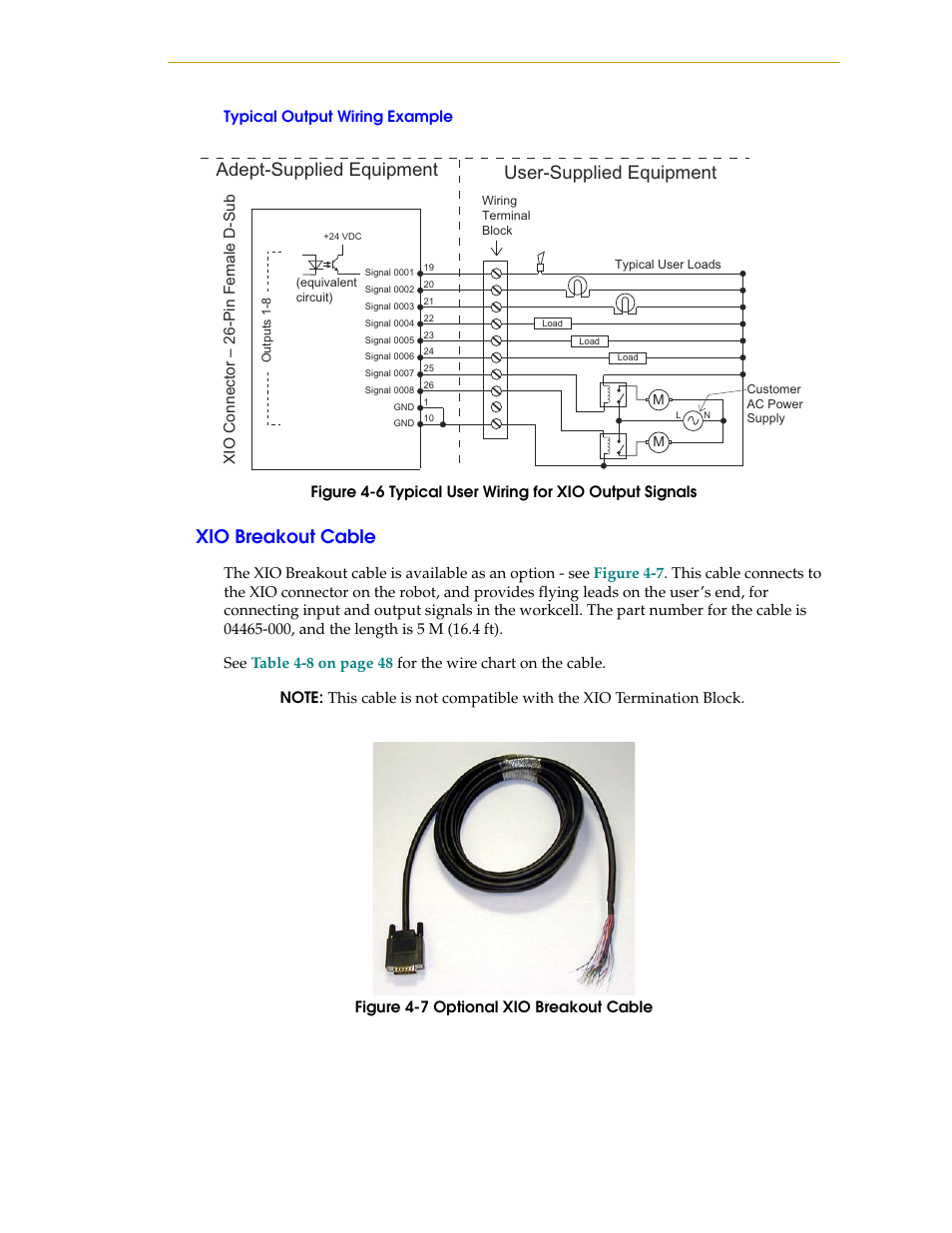 Typical output wiring example, Xio breakout cable, Figure 4-6 | Typical user wiring for xio output signals, Figure 4-7, Optional xio breakout cable, Adept-supplied equipment user-supplied equipment | Adept i600 Cobra User Manual | Page 47 / 110