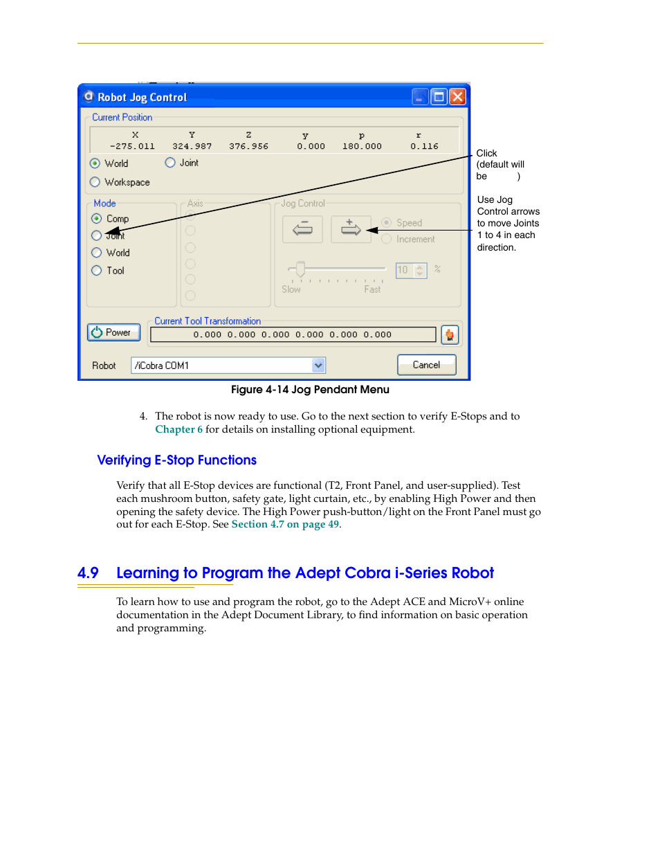 Verifying e-stop functions, Figure 4-14 jog pendant menu | Adept i600 Cobra User Manual | Page 60 / 110