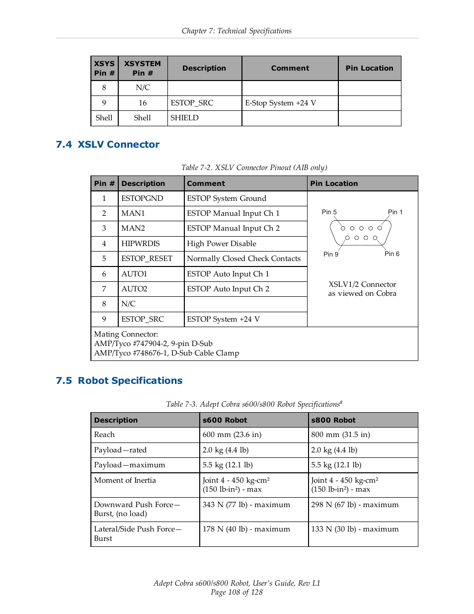 4 xslv connector, 5 robot specifications | Adept s600 Cobra User Manual | Page 108 / 128