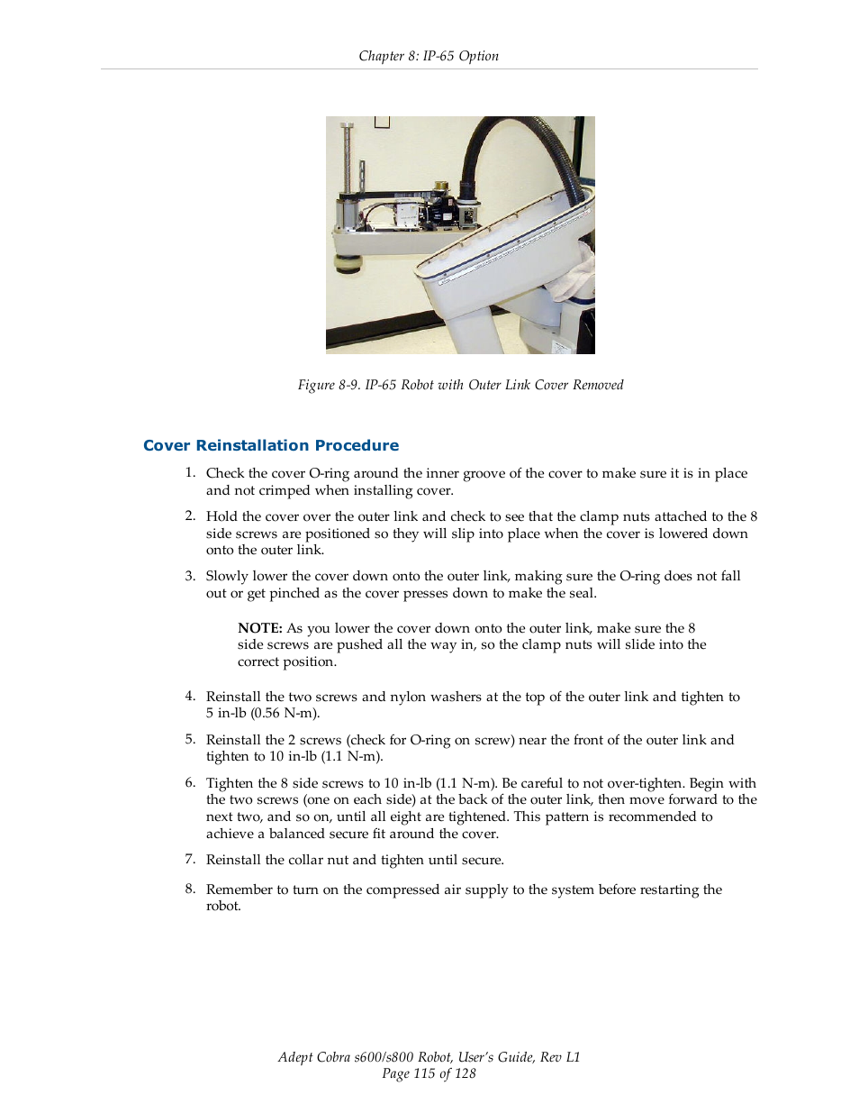 Cover reinstallation procedure | Adept s600 Cobra User Manual | Page 115 / 128