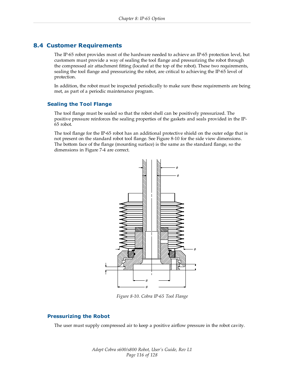 4 customer requirements, Sealing the tool flange, Pressurizing the robot | Adept s600 Cobra User Manual | Page 116 / 128