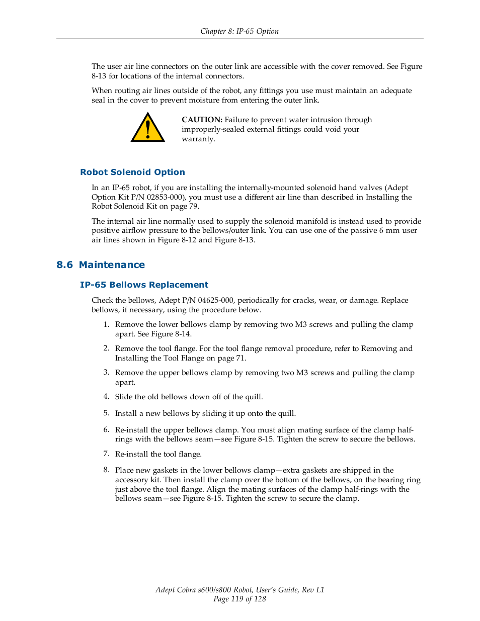 Robot solenoid option, 6 maintenance, Ip-65 bellows replacement | Adept s600 Cobra User Manual | Page 119 / 128