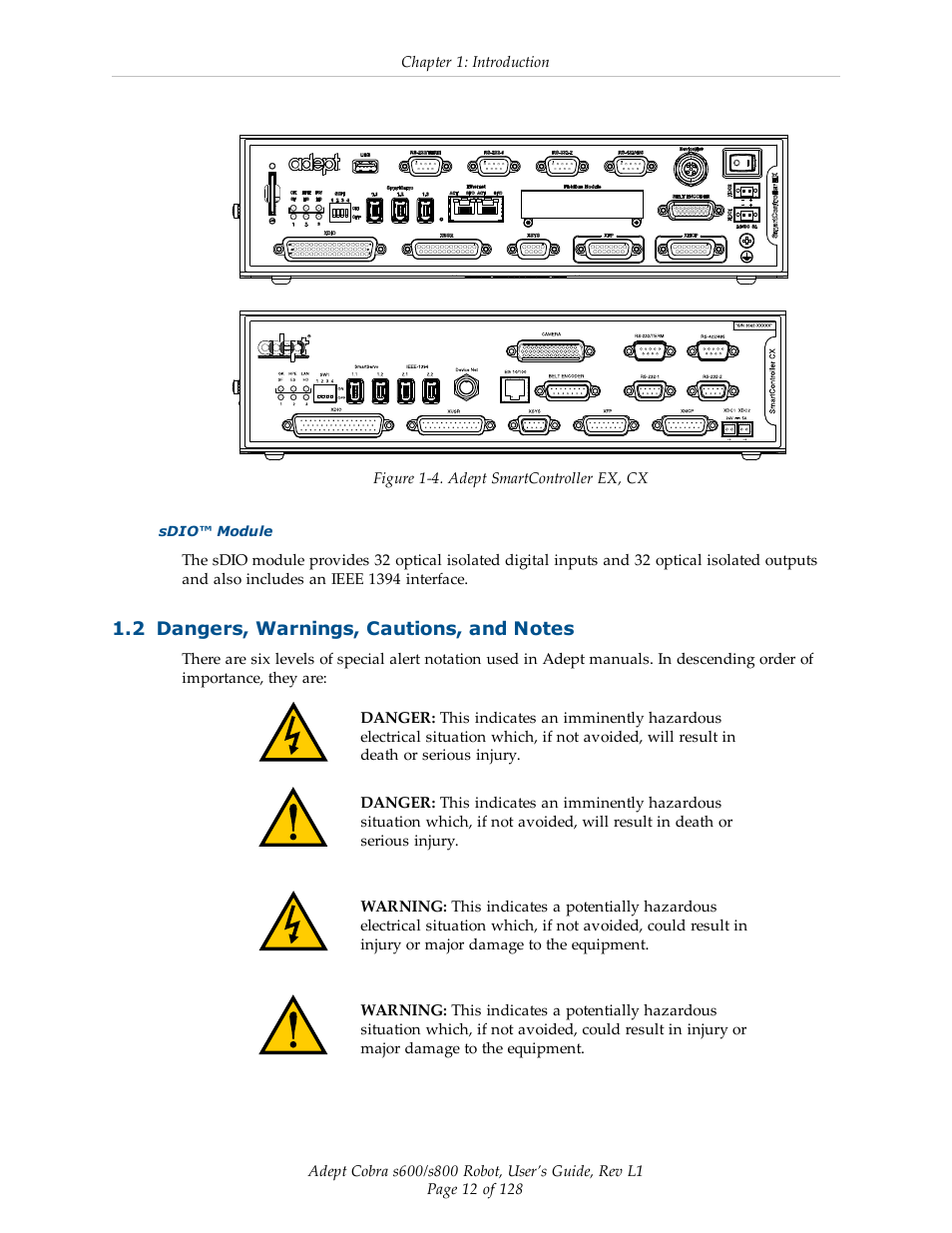 2 dangers, warnings, cautions, and notes | Adept s600 Cobra User Manual | Page 12 / 128