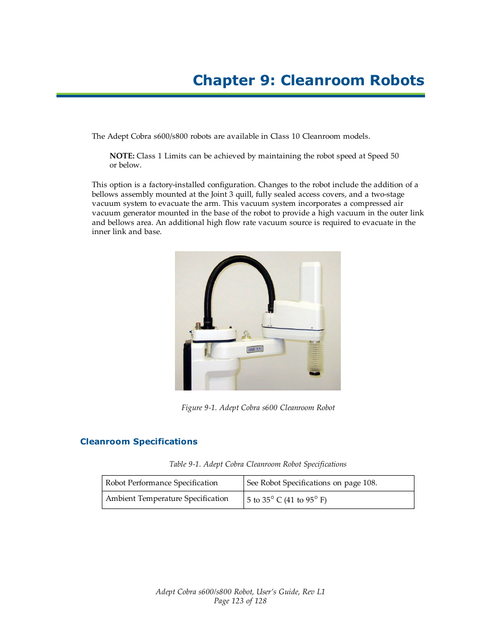 Chapter 9: cleanroom robots, Cleanroom specifications | Adept s600 Cobra User Manual | Page 123 / 128