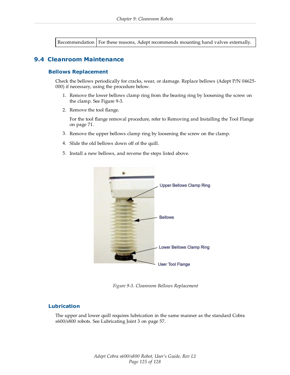 4 cleanroom maintenance, Bellows replacement, Lubrication | Adept s600 Cobra User Manual | Page 125 / 128