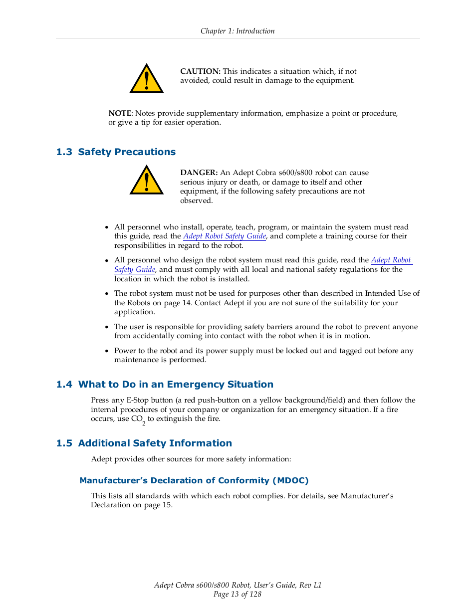 3 safety precautions, 4 what to do in an emergency situation, 5 additional safety information | Manufacturer’s declaration of conformity (mdoc) | Adept s600 Cobra User Manual | Page 13 / 128