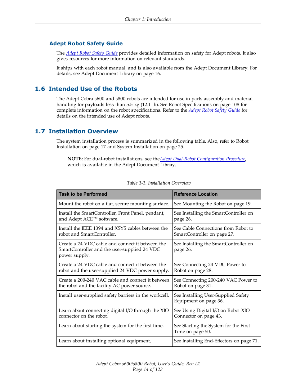 Adept robot safety guide, 6 intended use of the robots, 7 installation overview | Adept s600 Cobra User Manual | Page 14 / 128