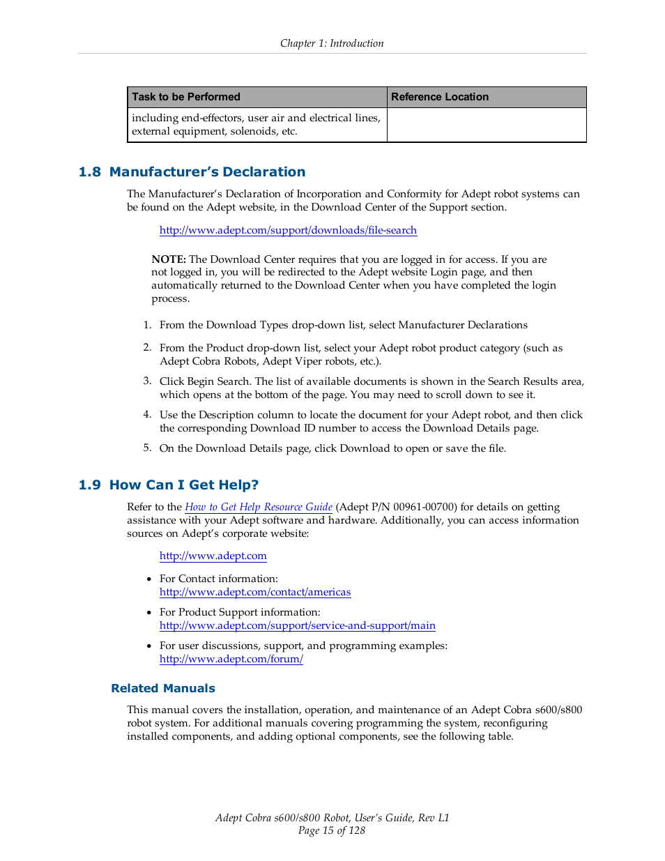 8 manufacturer’s declaration, 9 how can i get help, Related manuals | Adept s600 Cobra User Manual | Page 15 / 128