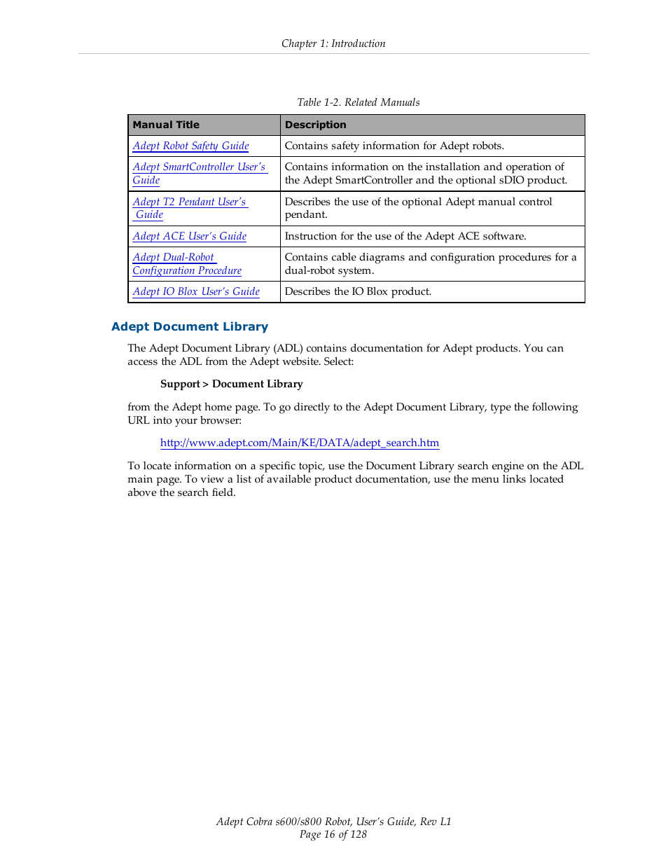 Adept document library | Adept s600 Cobra User Manual | Page 16 / 128