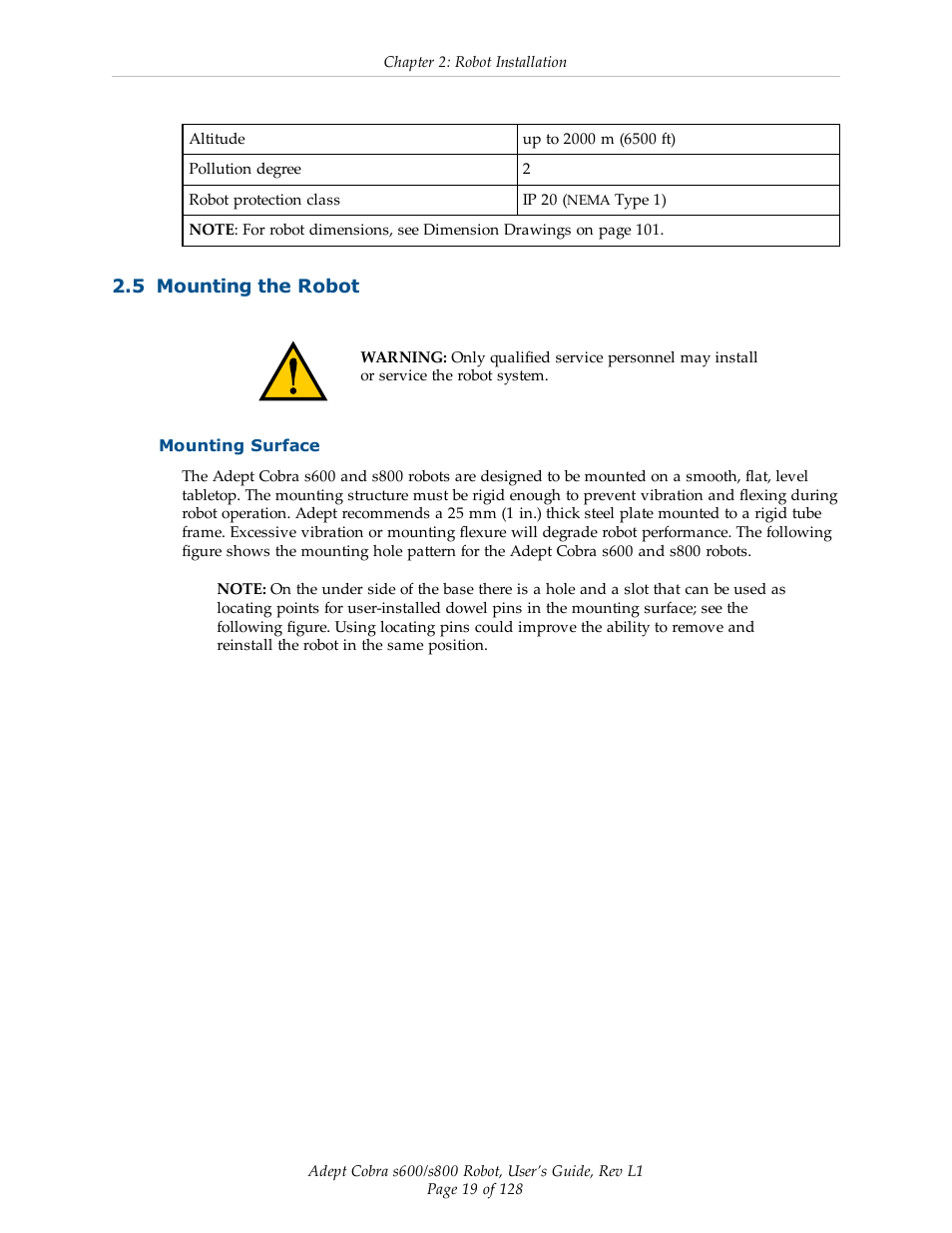 5 mounting the robot, Mounting surface | Adept s600 Cobra User Manual | Page 19 / 128
