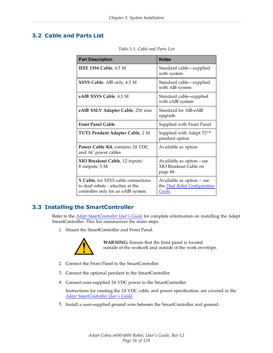 2 cable and parts list, 3 installing the smartcontroller | Adept s600 Cobra User Manual | Page 26 / 128