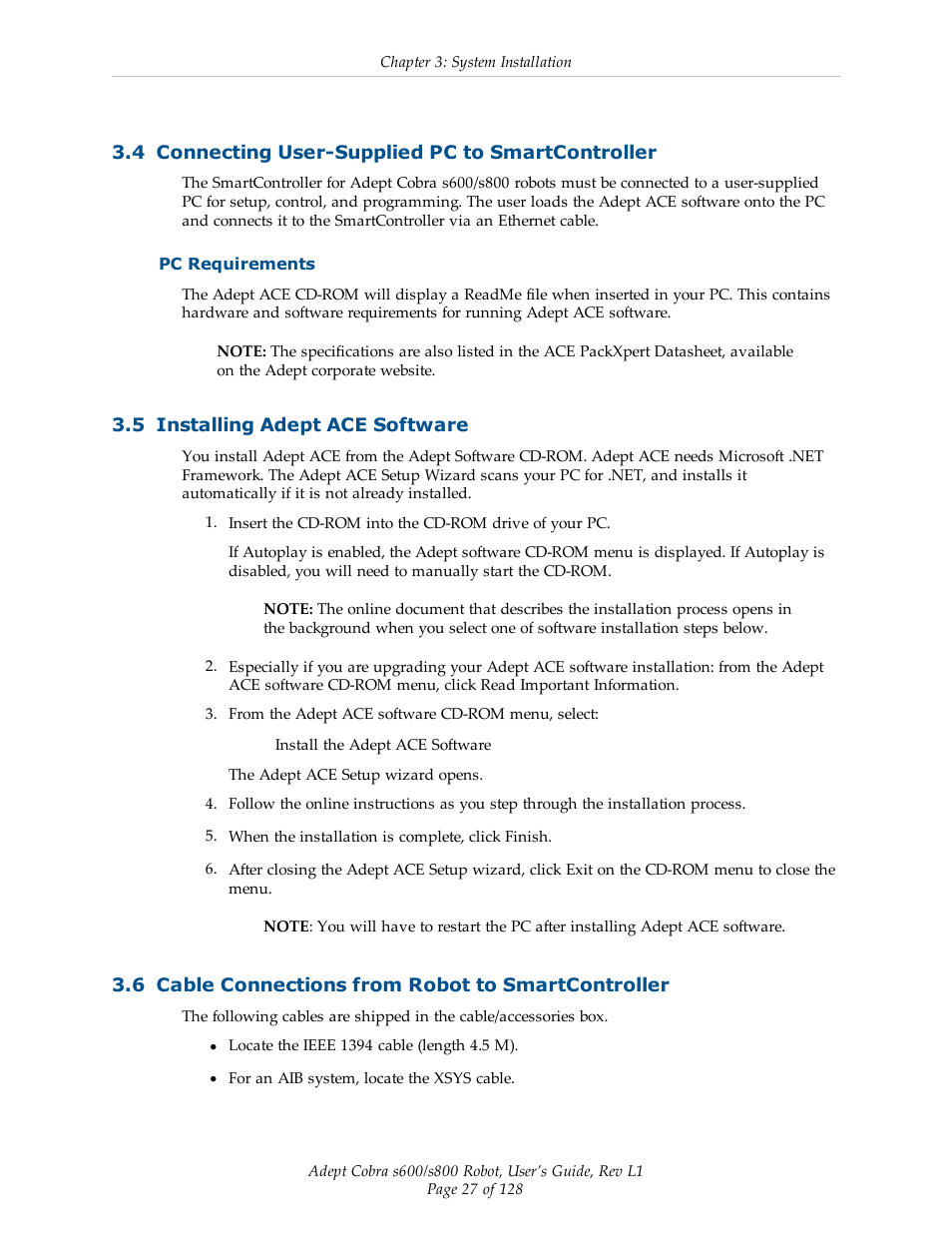 4 connecting user-supplied pc to smartcontroller, Pc requirements, 5 installing adept ace software | 6 cable connections from robot to smartcontroller | Adept s600 Cobra User Manual | Page 27 / 128