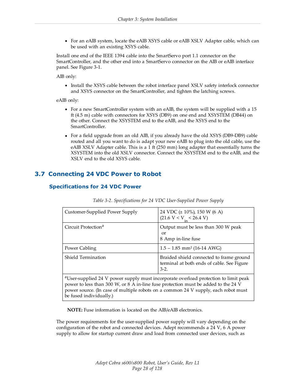 7 connecting 24 vdc power to robot, Specifications for 24 vdc power | Adept s600 Cobra User Manual | Page 28 / 128